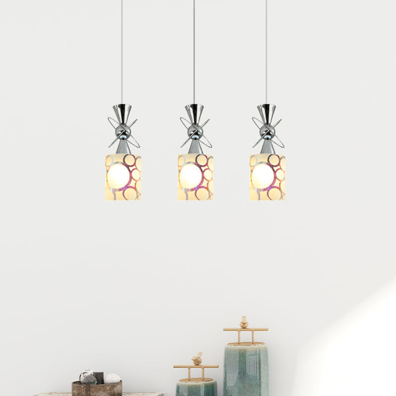 Modernist Metal Hourglass Pendant Ceiling Light With Chrome Finish 3-Bulb And Patterned Glass Shade