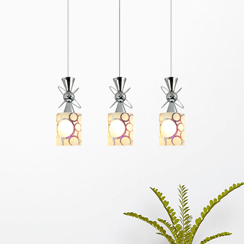Modernist Metal Hourglass Pendant Ceiling Light With Chrome Finish 3-Bulb And Patterned Glass Shade