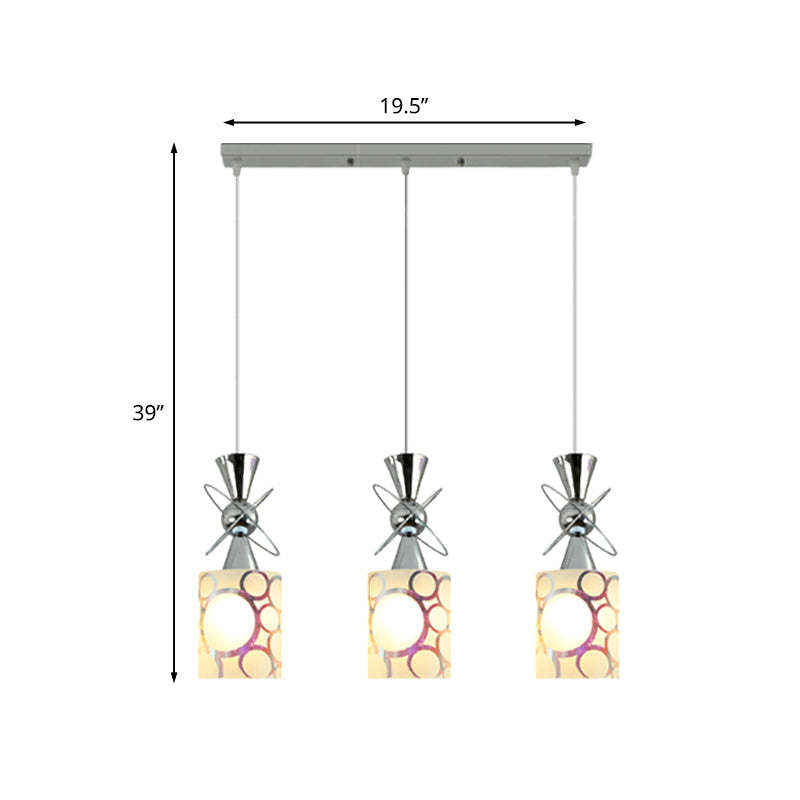 Modernist Metal Hourglass Pendant Ceiling Light With Chrome Finish 3-Bulb And Patterned Glass Shade