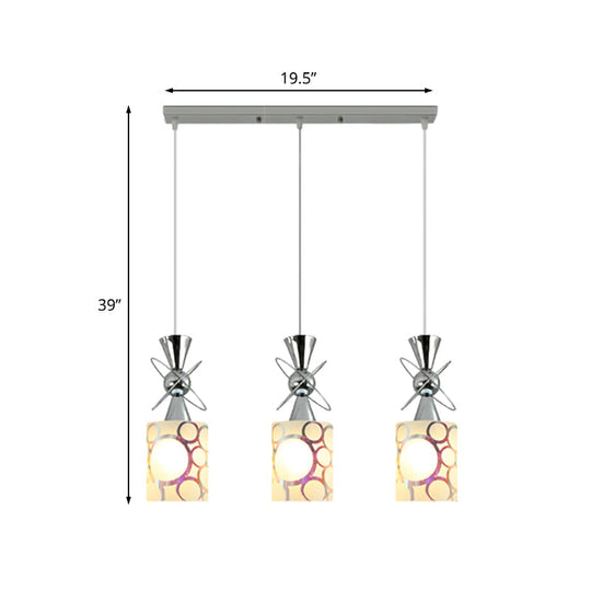 Modernist Metal Hourglass Pendant Ceiling Light With Chrome Finish 3-Bulb And Patterned Glass Shade