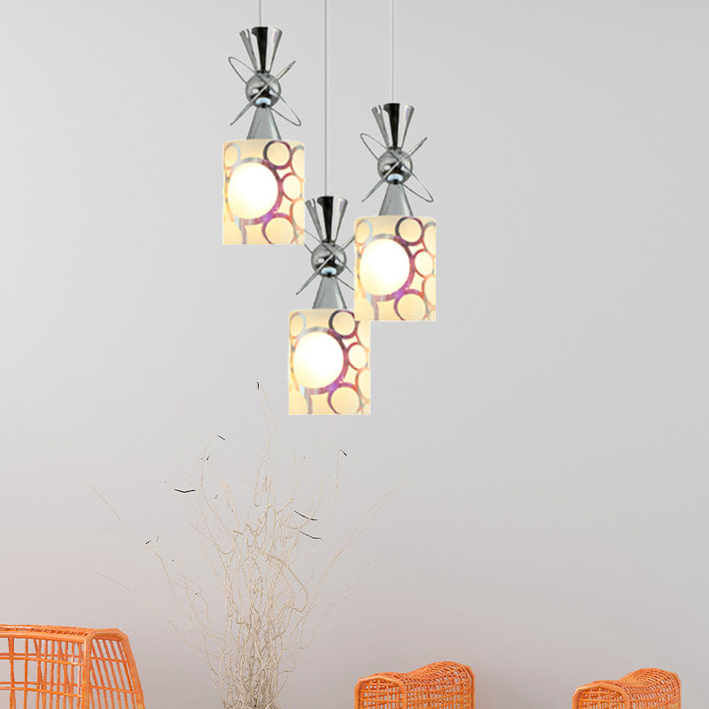 Modernist Metal Hourglass Multi Pendant Ceiling Light With Chrome Finish And Patterned Glass Shade