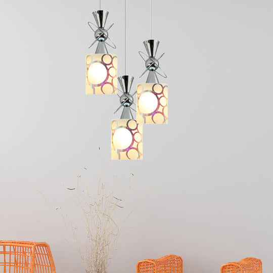 Modernist Metal Hourglass Pendant Ceiling Light With Chrome Finish 3-Bulb And Patterned Glass Shade