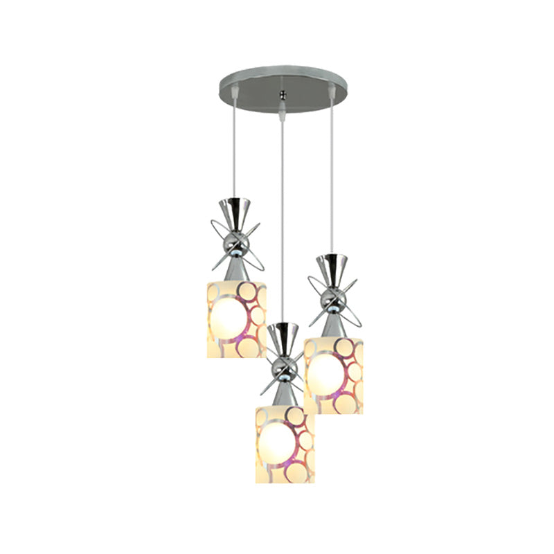 Modernist Metal Hourglass Pendant Ceiling Light With Chrome Finish 3-Bulb And Patterned Glass Shade
