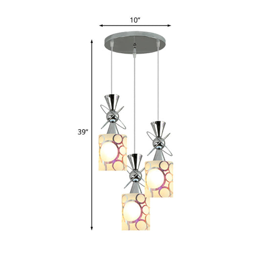 Modernist Metal Hourglass Pendant Ceiling Light With Chrome Finish 3-Bulb And Patterned Glass Shade