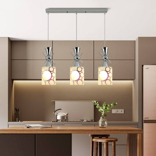 Modernist Metal Hourglass Pendant Ceiling Light With Chrome Finish 3-Bulb And Patterned Glass Shade