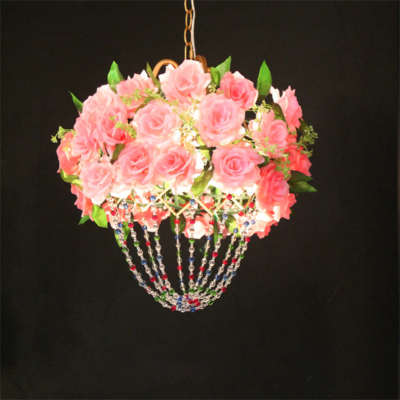 Vintage Crystal Pendant Ceiling Lamp - Green/Pink Beaded With Flower Decoration Ideal For