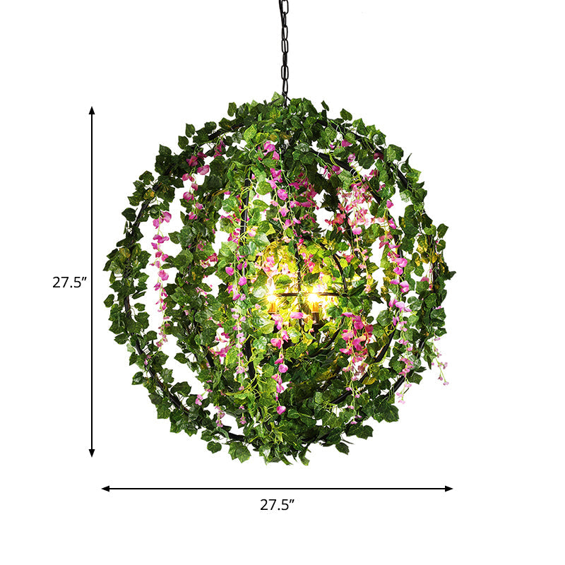 Vintage 4-Head Black Iron Chandelier With Plant Accents