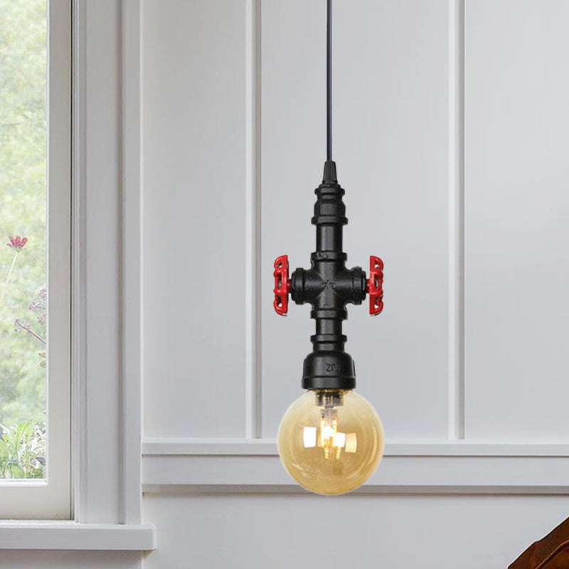 Industrial Black Finish Amber Glass Pendant Lamp With Pipe Suspension - 1-Light Ball/Capsule