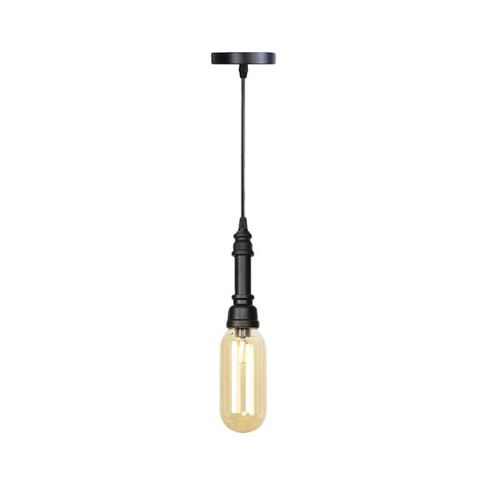 Industrial Black Finish Amber Glass Pendant Lamp With Pipe Suspension - 1-Light Ball/Capsule