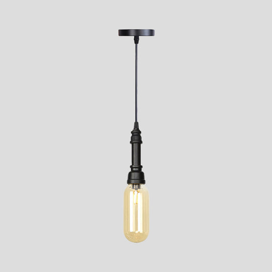 Industrial Black Finish Amber Glass Pendant Lamp With Pipe Suspension - 1-Light Ball/Capsule