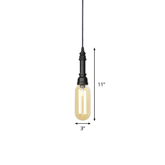 Industrial Black Finish Amber Glass Pendant Lamp With Pipe Suspension - 1-Light Ball/Capsule