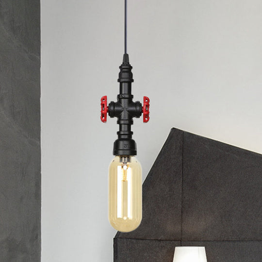 Industrial Black Finish Amber Glass Pendant Lamp With Pipe Suspension - 1-Light Ball/Capsule