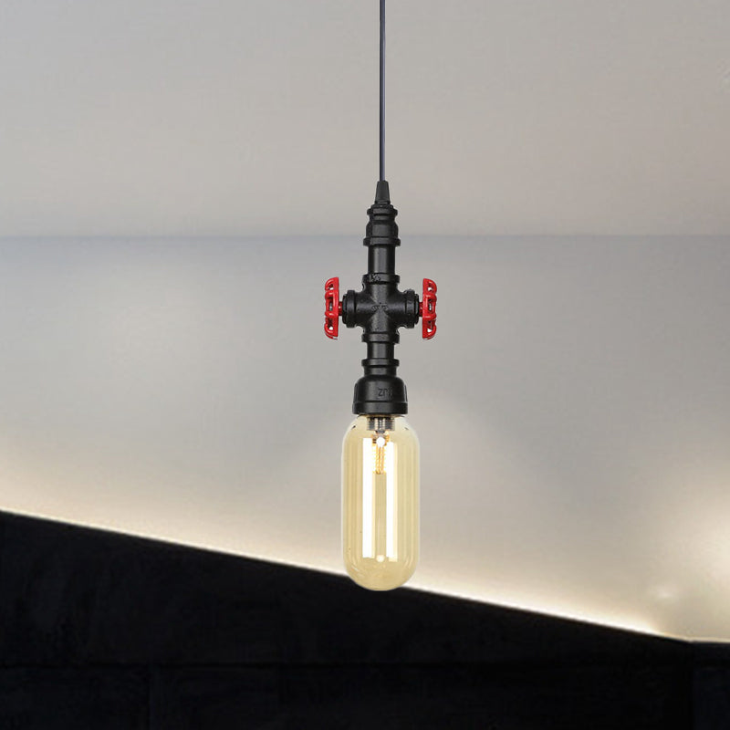 Industrial Black Finish Amber Glass Pendant Lamp With Pipe Suspension - 1-Light Ball/Capsule