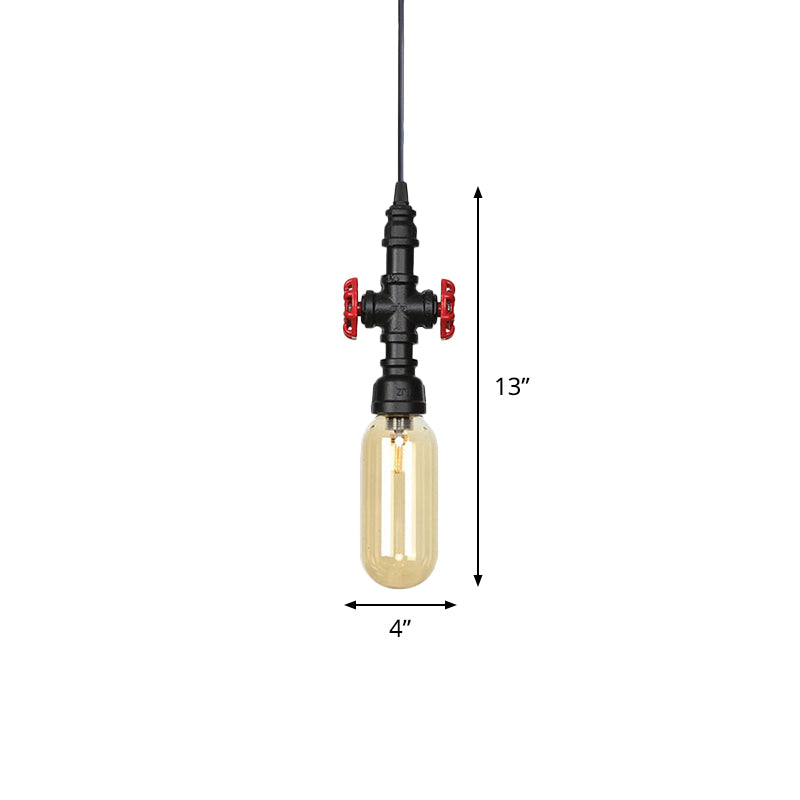 Industrial Black Finish Amber Glass Pendant Lamp With Pipe Suspension - 1-Light Ball/Capsule