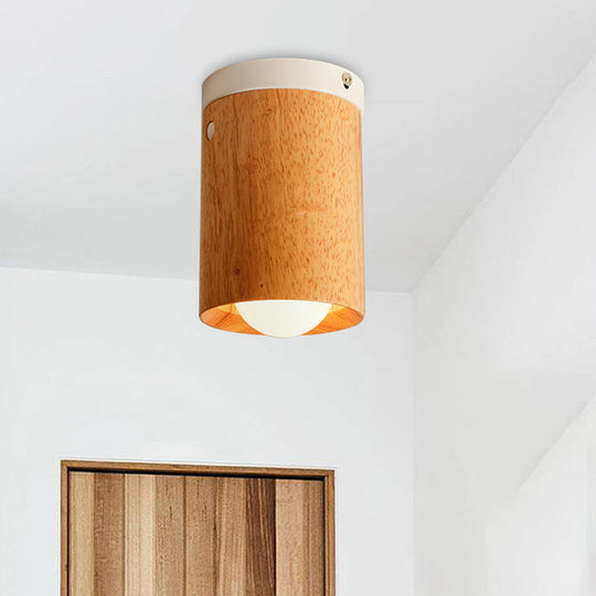 Minimalistic Beige Tubular Flushmount Ceiling Lamp With Wood Accent For Bedroom - 1 Bulb Flush Mount