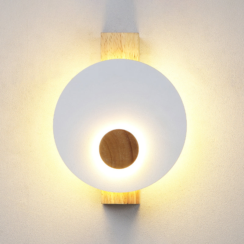 Minimalist Led Metal Disk Wall Light Fixture With Wood Backplate - Black/Grey/White