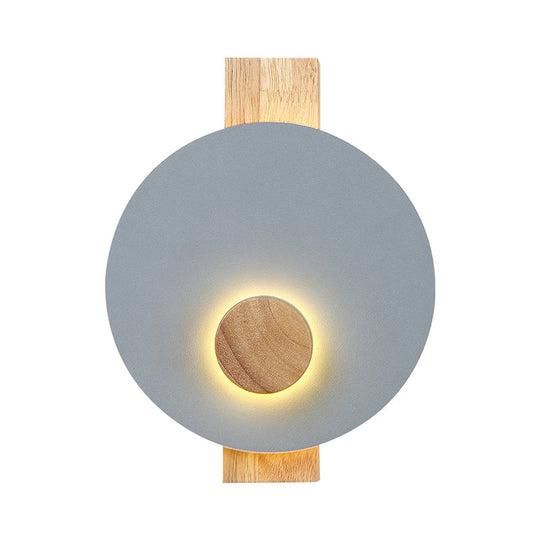 Minimalist Led Metal Disk Wall Light Fixture With Wood Backplate - Black/Grey/White