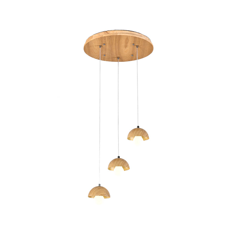 Modern Wood Dome Pendant Chandelier With 3 Beige Bulbs - Stylish Hanging Ceiling Lamp