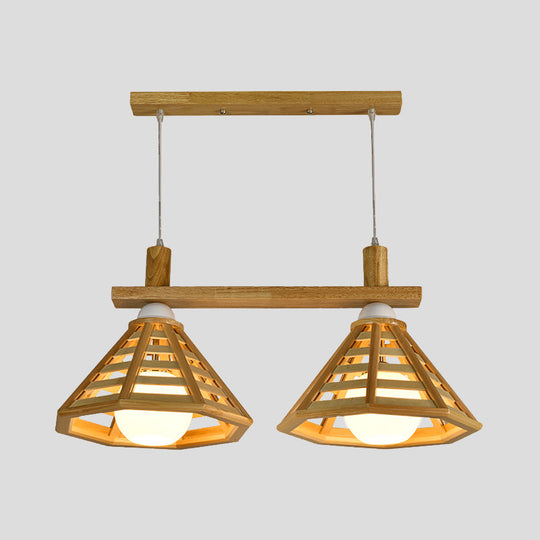 Modernist 2-Bulb Beige Polygon Pendant Lamp With Wood Shade