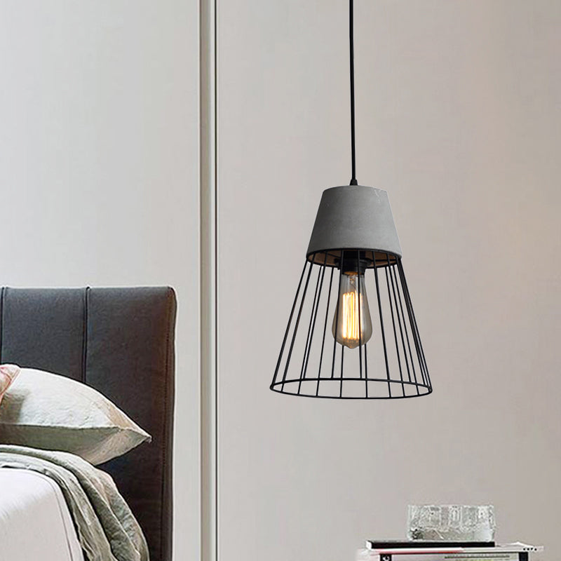Antiqued Black/Rose Gold Conic Cage Ceiling Pendant Light With Cement Top And 1
