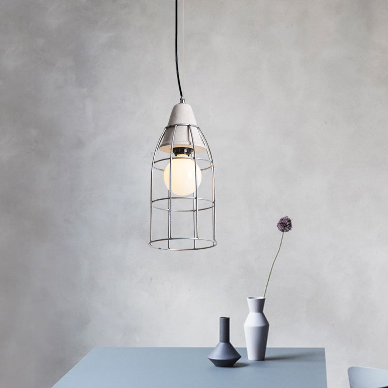 Industrial Silver Cage Pendant Light Fixture For Coffee House 1 Head Iron Cement Ceiling Lamp