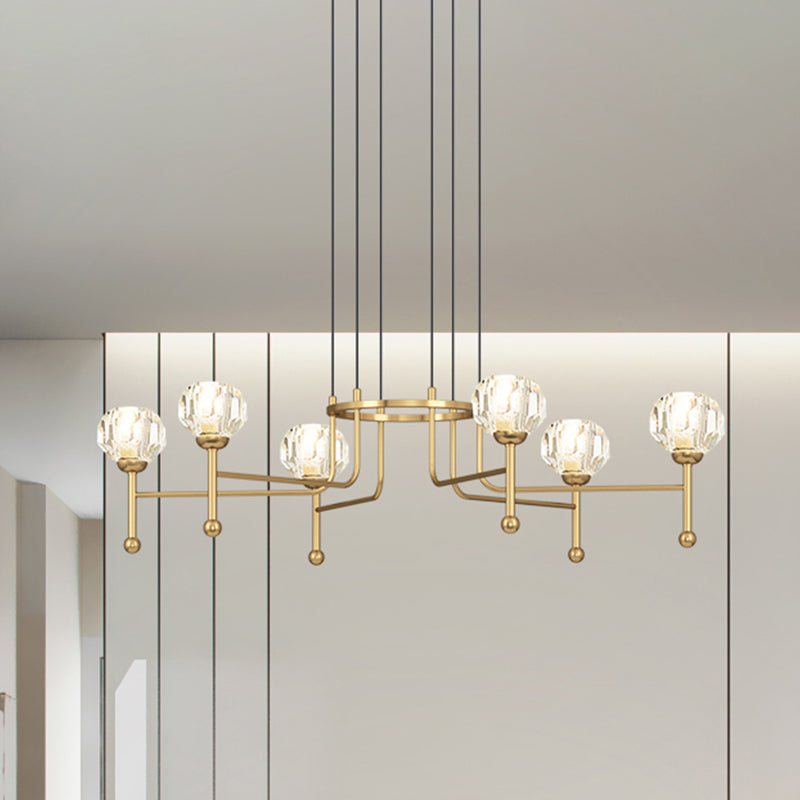 Diamond Crystal Brass Led Ceiling Pendant Light - Modernist 6/8-Bulb Kit 27’/31’ Wide / 27’