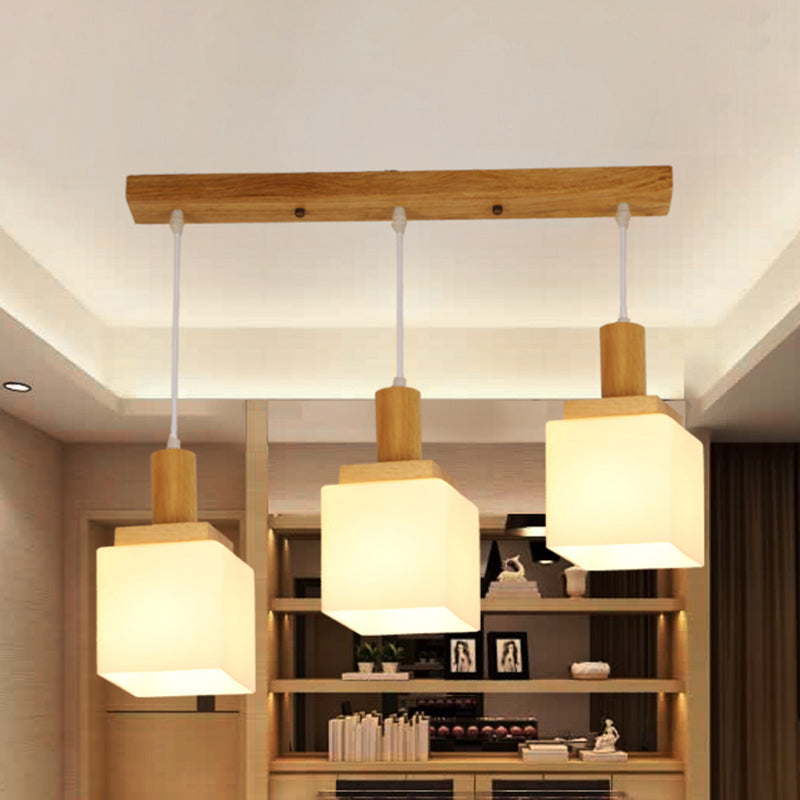 Modern Wood Cube Hanging Light With Opal Glass Shades - 2/3 Heads Pendant Lamp Fixture