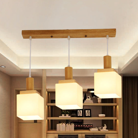 Modern Wood Cube Hanging Light With Opal Glass Shades - 2/3 Heads Pendant Lamp Fixture