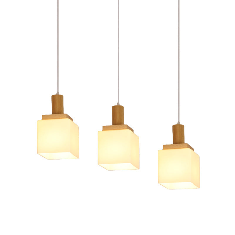 Modern Wood Cube Hanging Light With Opal Glass Shades - 2/3 Heads Pendant Lamp Fixture