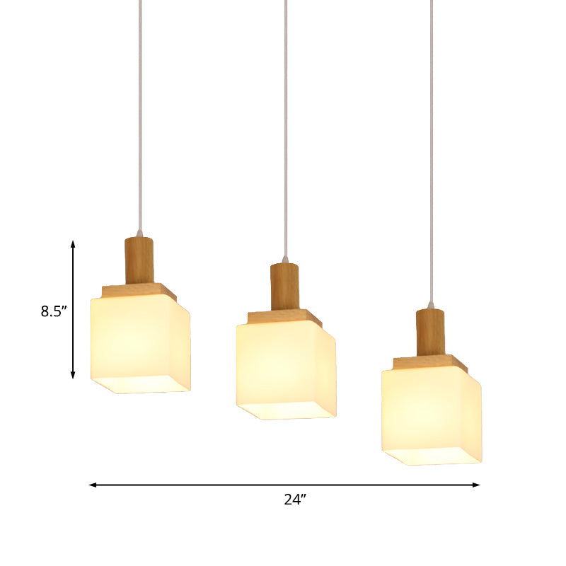 Modern Wood Cube Hanging Pendant Light With Opal Glass - 2/3 Heads Linear Canopy