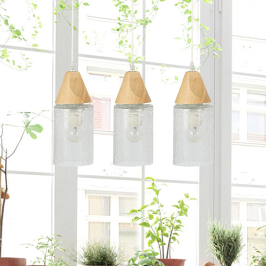 Modern 3-Bulb Wood Suspension Lamp: Clear Cracked Glass Tube Pendant For Dining Room