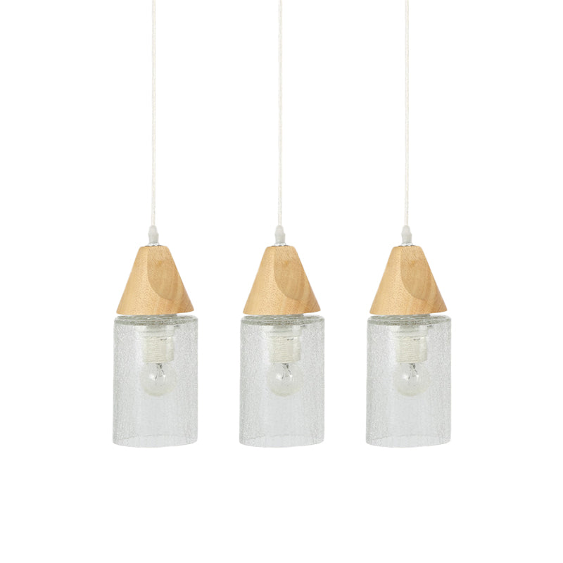 Modern 3-Bulb Wood Suspension Lamp: Clear Cracked Glass Tube Pendant For Dining Room