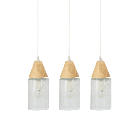 Modern 3-Bulb Wood Suspension Lamp: Clear Cracked Glass Tube Pendant For Dining Room