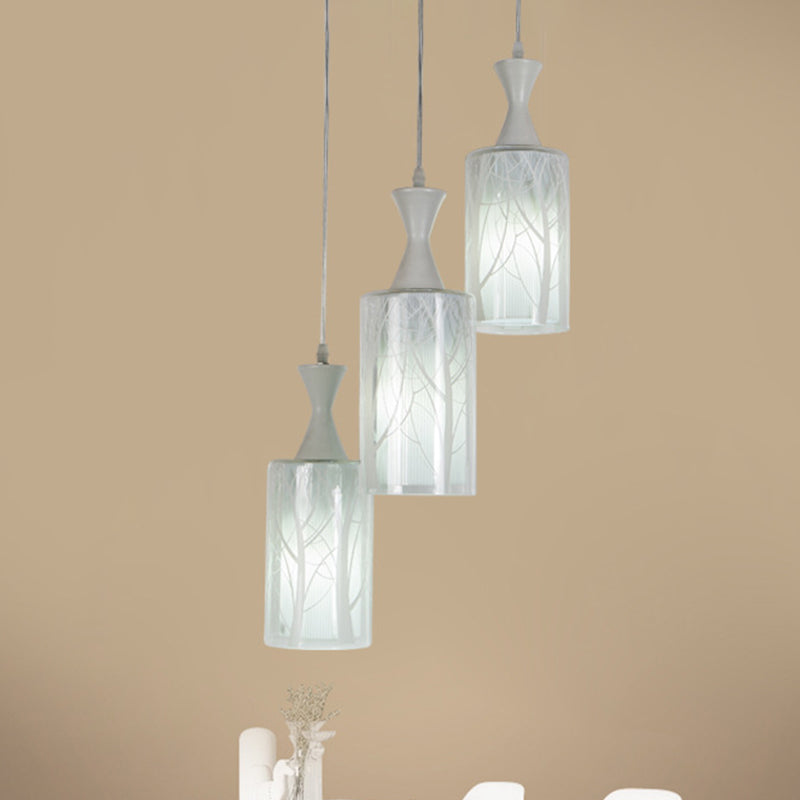 Contemporary White Pendant Lamp With 3-Cylinder Glass Shades - Perfect For Dining Rooms