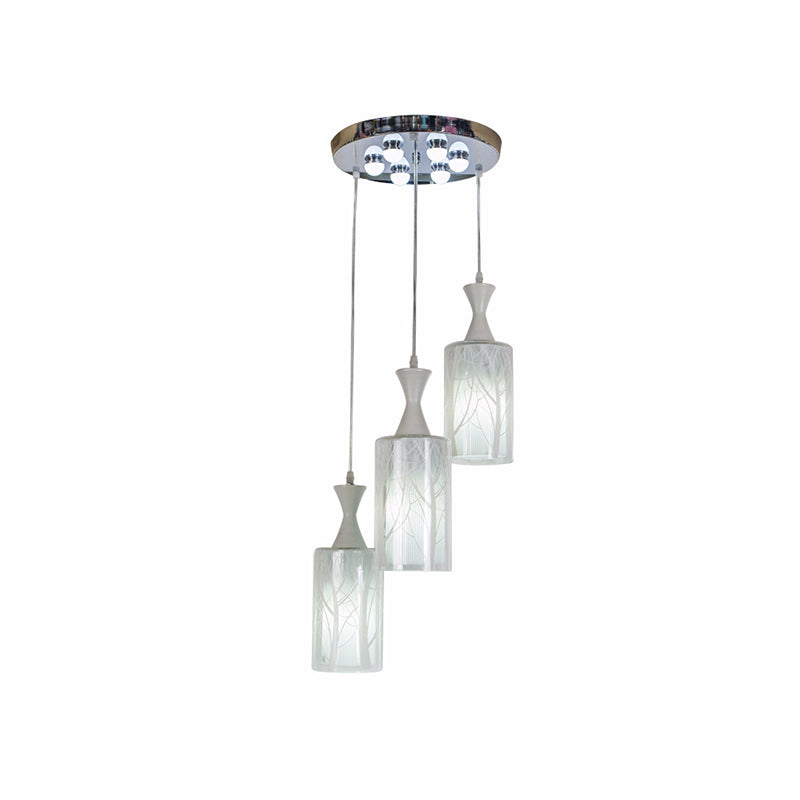 Contemporary White Pendant Lamp With Patterned Glass Shade - 3-Head Multifunctional Ceiling Light