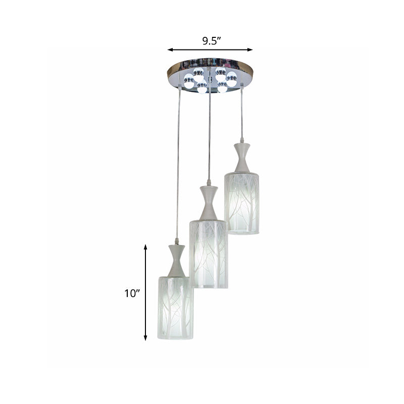 Contemporary White Pendant Lamp With Patterned Glass Shade - 3-Head Multifunctional Ceiling Light