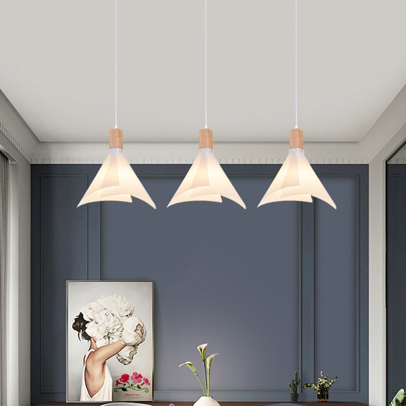 Modern Acrylic Pendant Light With 3 White Conical Heads For Living Room