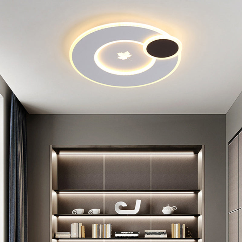 Modern Round Led Ceiling Light With Maple Leaf Pattern - 16’/19.5’ Wide White Flushmount For