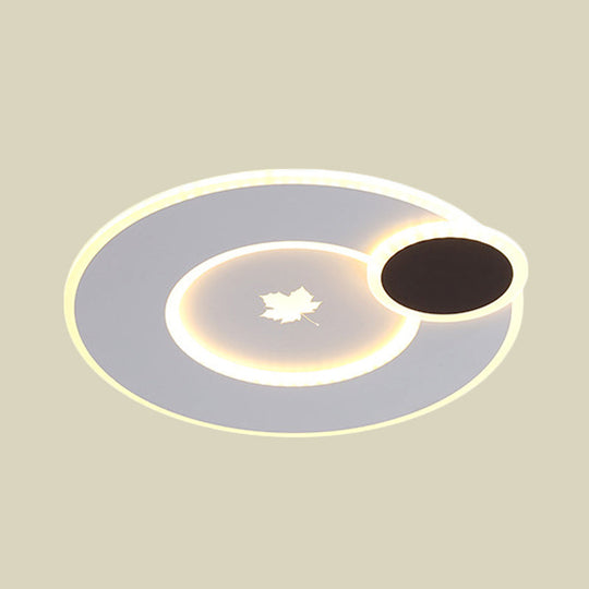 Modern Round Led Ceiling Light With Maple Leaf Pattern - 16/19.5 Wide White Flushmount For Bedrooms