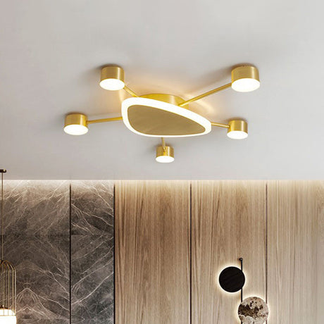 Modern Metal Brass Starburst Led Ceiling Light - Triangular 14/24.5 Wide Flush Mount With Drum
