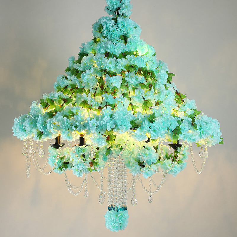 Industrial Blue Iron Flower 6-Head Conical Cage Chandelier With Dangling Crystal Pendant