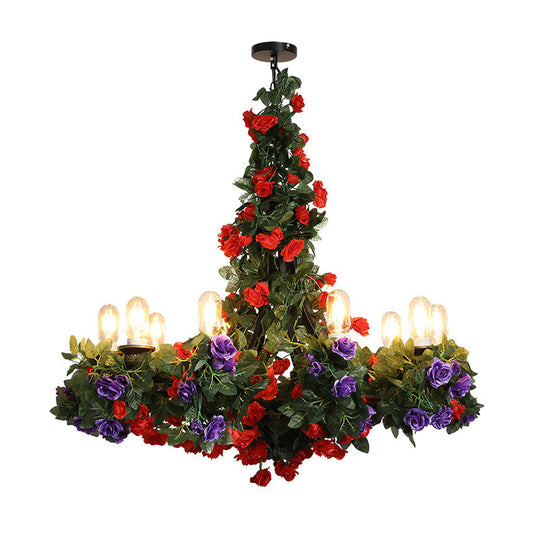 Retro Green Iron Chandelier Light With 10 Bulbs - Exposed Bulb And Suspended Design For Restaurant