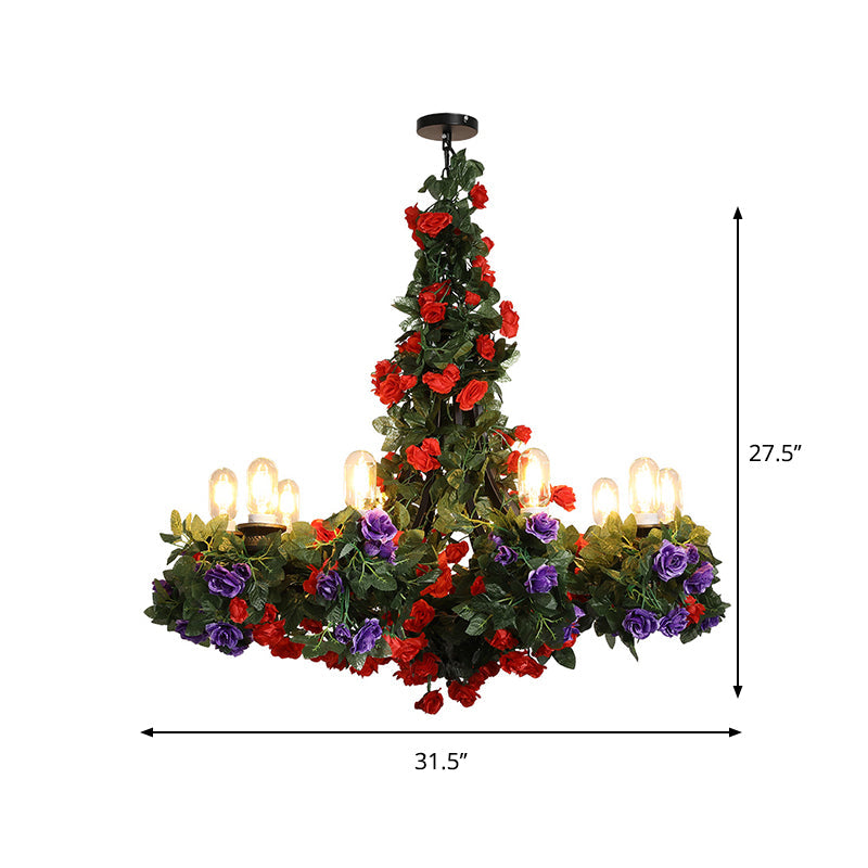 Retro Green Iron Chandelier Light With 10 Bulbs - Exposed Bulb And Suspended Design For Restaurant