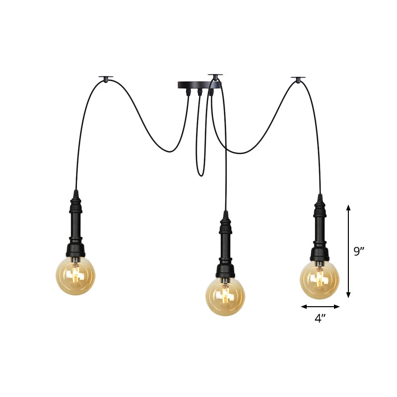 Vintage Black Finish Amber Glass Chandelier - Multi Light Pendant Lamp For Global Restaurants