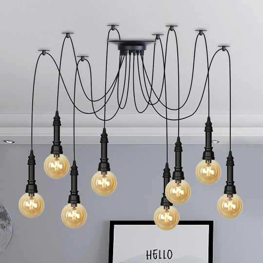Vintage Black Finish Amber Glass Chandelier - Multi Light Pendant Lamp For Global Restaurants