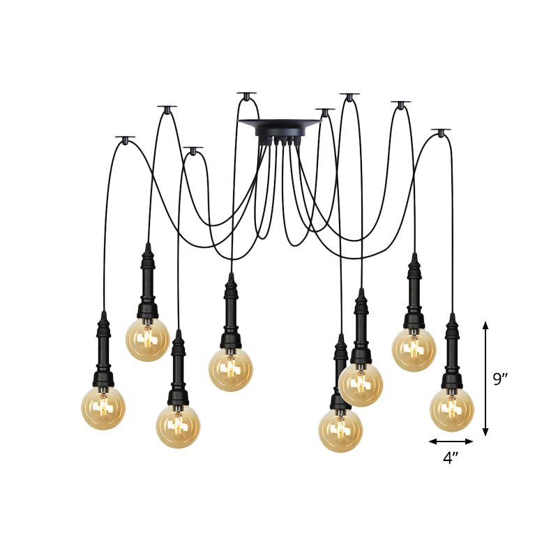 Vintage Black Finish Amber Glass Chandelier - Multi Light Pendant Lamp For Global Restaurants