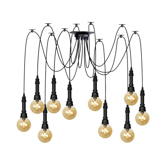 Vintage Black Finish Amber Glass Chandelier - Multi Light Pendant Lamp For Global Restaurants