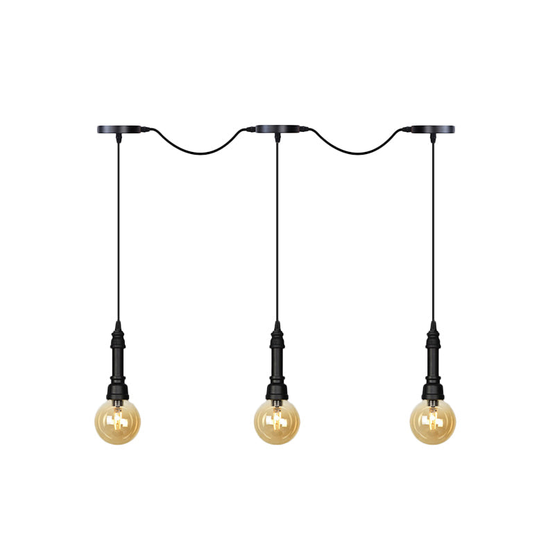 Vintage Amber Glass Ball Pendant Lamp In Black - Tandem Led Ceiling Light 3/5/7-Light Coffee House
