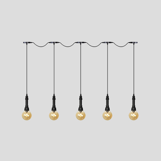 Vintage Amber Glass Ball Pendant Lamp In Black - Tandem Led Ceiling Light 3/5/7-Light Coffee House