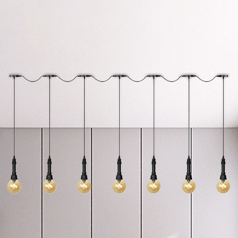 Vintage Amber Glass Ball Pendant Lamp In Black - Tandem Led Ceiling Light 3/5/7-Light Coffee House